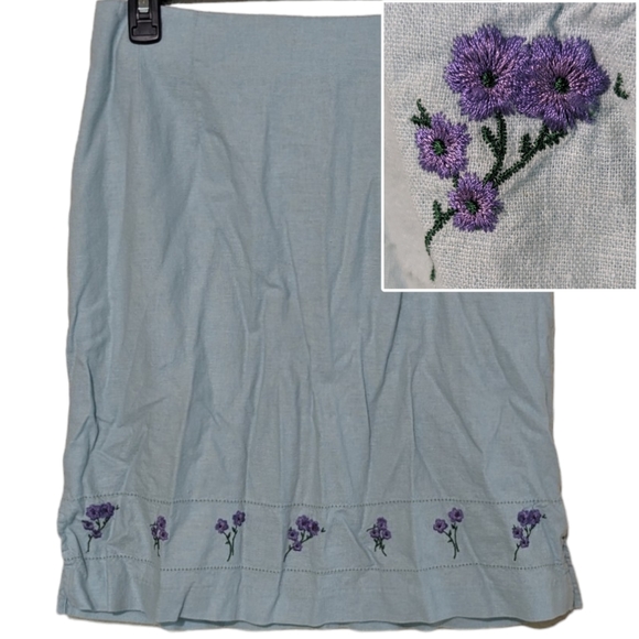 Vintage warm baby blue pencil skirt with purple flower embroidery on hem - Picture 1 of 10
